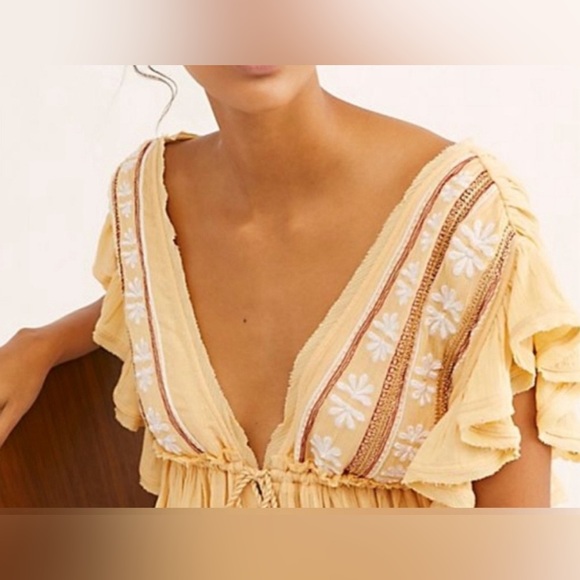 Free People Will Wait For You Yellow V Neck Floral Ruffle Boho Midi Dress SZ XS - Picture 4 of 12